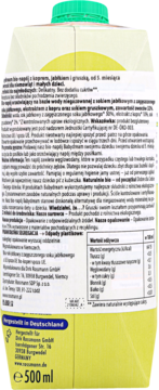 Tył żółtego kartonu napoju Babydream Bio 500ml z koprem, jabłkiem i gruszką, z etykietą i składnikami.
