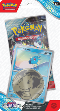 Zestaw Pokémon Scarlet & Violet TCG: Stellar Crown booster, karta promo Horsea, metalowa moneta, widok z przodu.