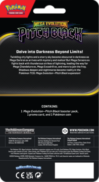 Tył czarnego opakowania Pokémon Mega Evolution Pitch Black, z opisem zawartości: booster, promo karta, moneta.
