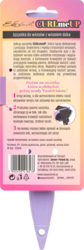 Tył opakowania szczotki Ewa Schmitt CURLmeUP do włosów kręconych, z instrukcją, kodem kreskowym i fioletowym uchwytem.