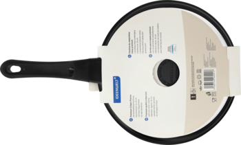 Czarna patelnia Tramontina z długą rączką, widok z góry, z dużą białą etykietą produktową na powierzchni.