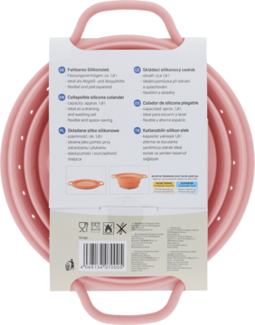 Tył białego opakowania różowej składanej miski silikonowej 2.8L, z opisami i kodem kreskowym, widoczna miska.