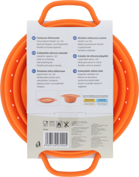 Tylna strona opakowania pomarańczowego, składanego silikonowego wiadra z wielojęzycznym opisem i kodem kreskowym.