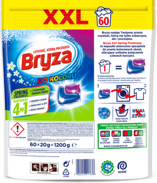 Tył opakowania kapsułek Bryza XXL 60 Spring Freshness 4w1 do koloru, z instrukcjami prania i składem.
