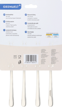 Tył opakowania zestawu 4 łyżeczek do kawy IDEENWELT. Widoczne opisy produktu i kod kreskowy, poniżej rączki łyżeczek.