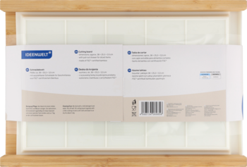 Tył opakowania folii do laminowania DURABLE z instrukcjami i kodem kreskowym, leżące na drewnianej tacy.