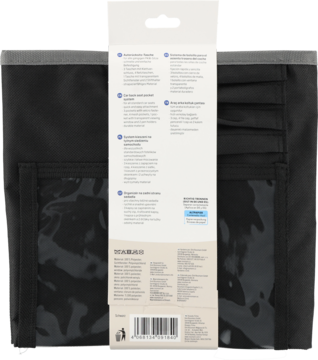 Tył czarnego składanego organizera samochodowego z pionową etykietą produktową, widoczny tekst i kod kreskowy.