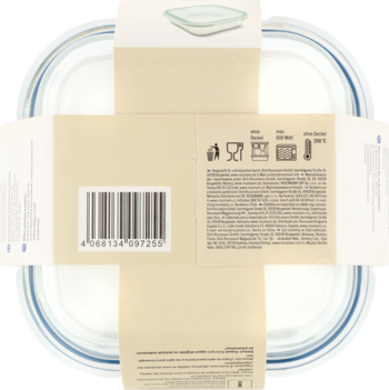 Przezroczysty szklany pojemnik na żywność z beżową etykietą na spodzie; widoczny kod kreskowy i ikony użytkowania.