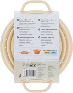 Tył kremowego opakowania składanej miski silikonowej 1,8 l z informacjami o produkcie w kilku językach.