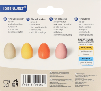 Tył opakowania IDEENWELT Mini solniczek, zestaw 4 sztuk, kolory: beżowy, żółty, pomarańczowy, różowy.