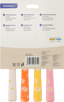 Tył opakowania noży śniadaniowych IDEENWELT. Zestaw czterech z uchwytami: biały w kropki, reszta w stokrotki.