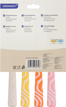Tył opakowania noży śniadaniowych Ideenwelt, zestaw 4 sztuk. Widoczne kolorowe uchwyty w fale: różowe, żółte, pomarańczowe, turkusowe.
