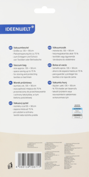 Tył opakowania worka próżniowego IDEENWELT, 125x90cm, oszczędność miejsca 75%, z wielojęzycznym opisem i kodem kreskowym.