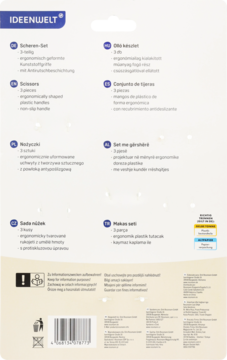 Tył opakowania zestawu 3 nożyczek IDEENWELT. Biało-żółte tło, widoczne opisy ergonomicznych uchwytów w wielu językach.