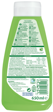 Tył zielonej butelki żelu Frosch Limonkowy 650ml. Widoczne instrukcje, recykling PET, EU Ecolabel i kod kreskowy.