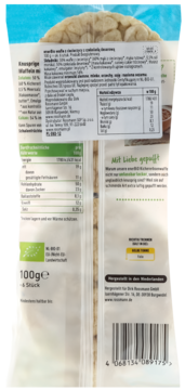 Tył opakowania wafli ryżowych Bio 100g, z tabelą wartości odżywczych, składem i zielonym logo organicznym.