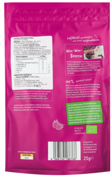 Tył różowej torebki z suszonymi jagodami, widoczna tabela wartości odżywczych, opis produktu i kod kreskowy.