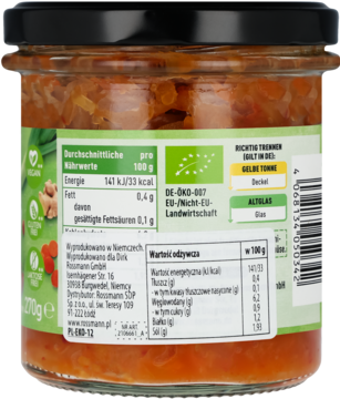 Kimchi: tył szklanego słoika z zieloną etykietą, która zawiera tabelę wartości odżywczych i logo BIO.