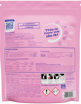 Tył różowego opakowania listków do prania Cleangang Oh My Wash! Kwiatowa Rozkosz z instrukcjami i liczbą 25 listków.