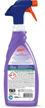 Tył fioletowej butelki Meglio Poczuj Relaks, odtłuszczacza uniwersalnego, z etykietą, ostrzeżeniami i kodem kreskowym.