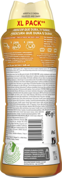 Tył opakowania perełek zapachowych Lenor 495g, pomarańczowa butelka z opisem i kodem kreskowym.