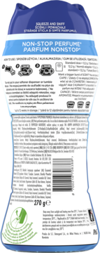 Tył niebieskiego opakowania perełek zapachowych Lenor Non-Stop Perfume z instrukcjami użycia i kodem kreskowym.