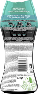 Tył opakowania perełek zapachowych Lenor Unstoppables 270g, tealowe tło, instrukcje użycia i kod kreskowy.