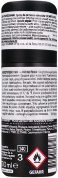 Tył czarnego sprayu Isana Professional Ciemny Blond, z białymi napisami i czerwoną etykietą ostrzegawczą z płomieniem.