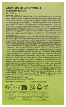 Tył serum Anua Green Lemon Vita C Blemish przeciw przebarwieniom. Zielona etykieta ze składnikami.