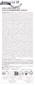 Tył białego opakowania Anua Retinol 0.3 Niacin Renewing Serum z pełną listą składników i informacjami o firmie.