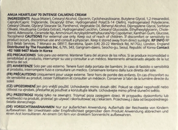 Tył opakowania Anua Heartleaf 70% Intense Calming Cream, biała etykieta z czarnym tekstem składników.