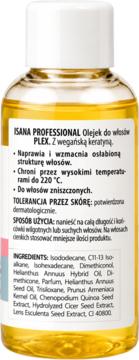 Tył butelki olejku do włosów Isana Professional Plex z wegańską keratyną. Biała etykieta ze składem.