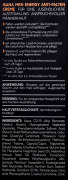 Tył opakowania Isana Men Energy Anti-Falten Creme SPF15 z Q10 i peptydami. Widoczna lista składników i opis.