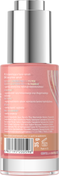 Tył Glow Serum Primer Stars x Bryska 35g, różowo-pomarańczowej butelki z listą składników i kodem kreskowym.
