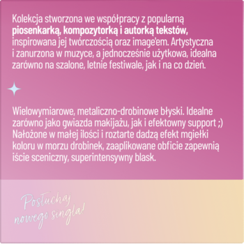 Promocyjny tekst o kolekcji Stars x Bryska z błyszczącymi cieniami do powiek, na różowo-żółtym tle.