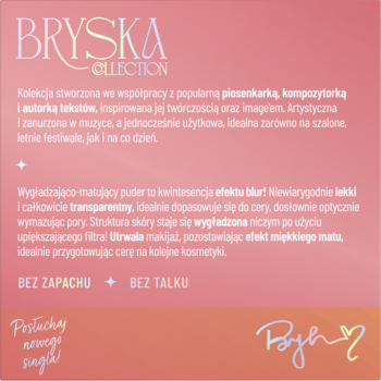 Różowa grafika Stars x Bryska reklamująca transparentny, matujący puder sypki. Podkreśla "BEZ ZAPACHU, BEZ TALKU".