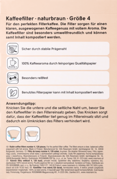 Tył opakowania naturalnych filtrów do kawy rozmiar 4, z ikonami cech i instrukcją użycia w języku niemieckim.
