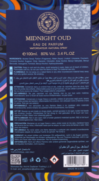 Tył granatowego opakowania Ard Al Zaafaran Midnight Oud EDP 100ml, widoczne składniki i ostrzeżenia.