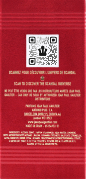 Tył czerwonego opakowania Jean Paul Gaultier Scandal z QR kodem i informacjami o zapachu, Made in Spain.