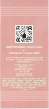 Tył różowego opakowania Jean Paul Gaultier Scandal z czarnym QR kodem i listą składników.