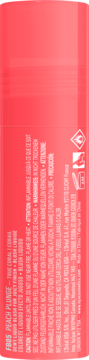 NYX Fat Cheeks Juicy Blush Peach Plunge, vertical back label with multi-language warnings on a coral background.