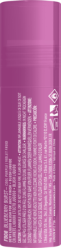 Side view of purple cylindrical liquid blush packaging 'Blueberry Burst', displaying warnings and product details.