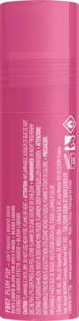 Side view of a vibrant pink Plum Pop liquid blush stick with warnings and product details for dewy finish.
