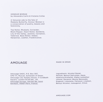 Amouage Honour Woman, szczegółowy opis nut zapachowych i składników na białej karcie produktu.