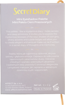Tył opakowania palety Affect Secret Diary Mini Eyeshadow. Jasne pudełko z opisami produktu w językach EN i PL.