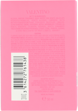 Tył różowego opakowania perfum Valentino Donna Born in Roma 50 ml, widoczna lista składników i kod kreskowy.