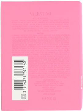 Tył różowego opakowania wody perfumowanej Valentino Donna Born in Roma 100ml dla kobiet, z kodem kreskowym.