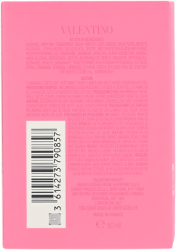 Tył różowego pudełka perfum Valentino Donna Born In Roma Intense, widoczny kod kreskowy, składniki i ostrzeżenia, 50 ml.