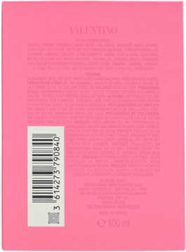 Tył różowego opakowania perfum Valentino Donna Born In Roma Intense z kodem kreskowym i listą składników.