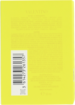 Tył żółtego opakowania perfum Valentino Donna Born In Roma Yellow Dream 50ml z kodem kreskowym i listą składników.
